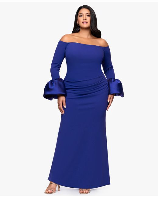 Betsy & Adam Blue Plus Size Scuba Bell Sleeve Off-the-shoulder Long Dress