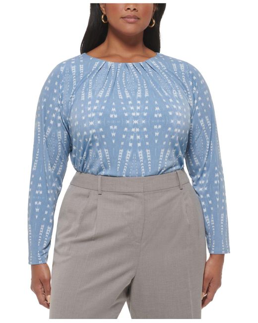 Calvin Klein Plus Size Printed Pleat-neck Long-sleeve Top in Blue | Lyst