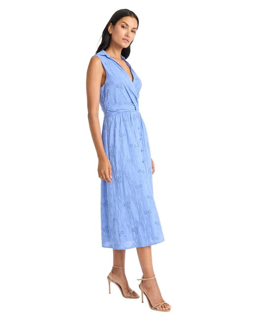 Maggy London Blue Cotton Eyelet V-neck Shirtdress
