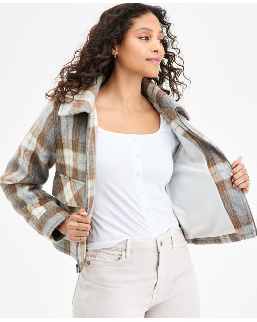 BCBGMAXAZRIA White Plaid Collared Zip-front Coat