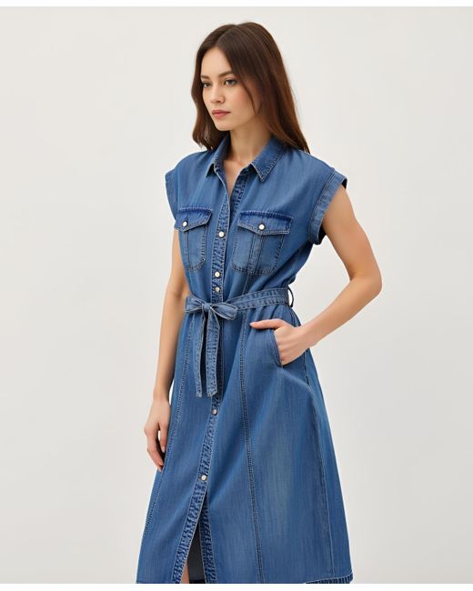 Modenaire Blue Sleeveless Button-front Tie-waist Midi Shirt Dress