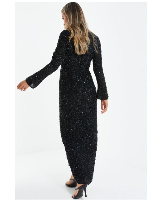 Quiz Long Sleeve Sequin Wrap Evening Dress in Black | Lyst
