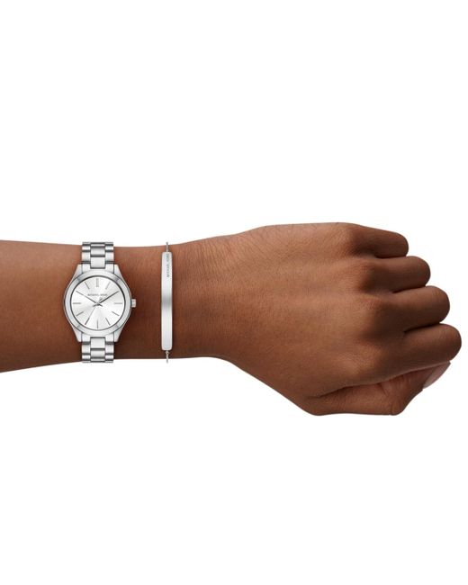 Michael Kors White  Slim Runway Three-hand Stainless Steel Watch And Jewelry Set