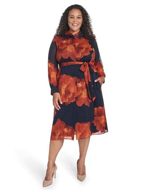 Calvin Klein Red Plus Size Long-sleeve Printed Midi Dress
