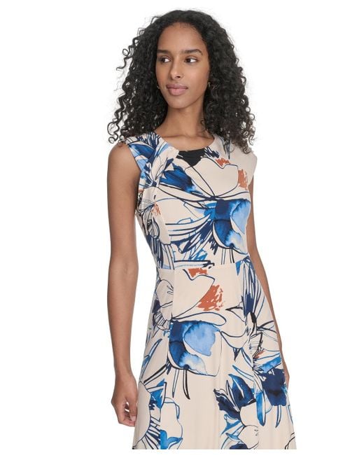 Calvin Klein Blue Printed Sleeveless A-line Dress