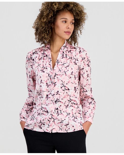 Kasper Pink Printed V-neck Button-front Blouse