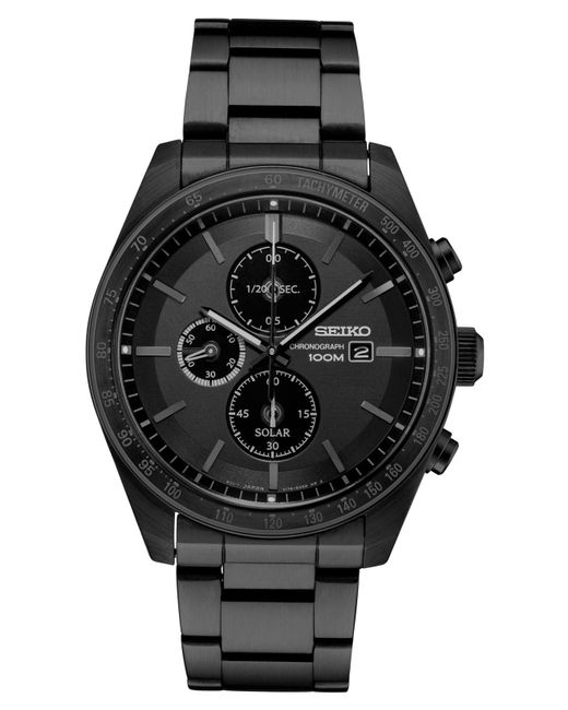 Seiko Solar Chronograph Black Stainless Steel Bracelet Watch 43.2mm for men
