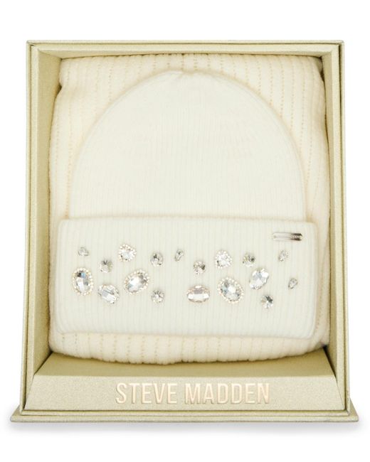 Steve Madden Natural Embellished Beanie And Knit Scarf Holiday Gift Set