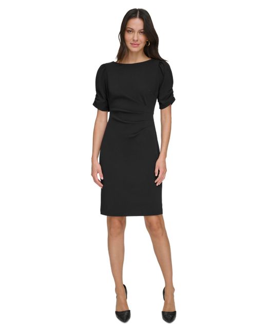 DKNY Black Shirred-sleeve Scuba Crepe Sheath Dress