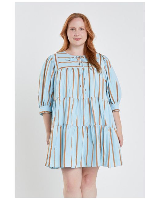 English Factory Blue Plus Size Striped Blouson Mini Dress