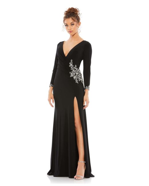 Mac Duggal Black Ieena Floral Embellished Faux Wrap Jersey Gown