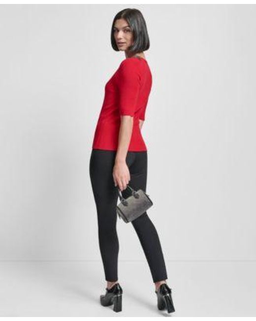 DKNY Red Embellished Neck Half Sleeve Ribbed Sweater Slim Leg Pull On Ponte Ankle Pant
