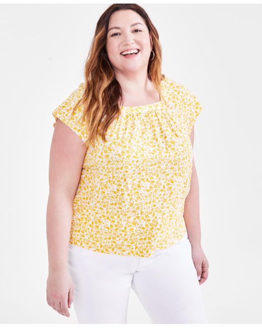 Style & Co. Yellow Plus Size Printed Square-neck Top