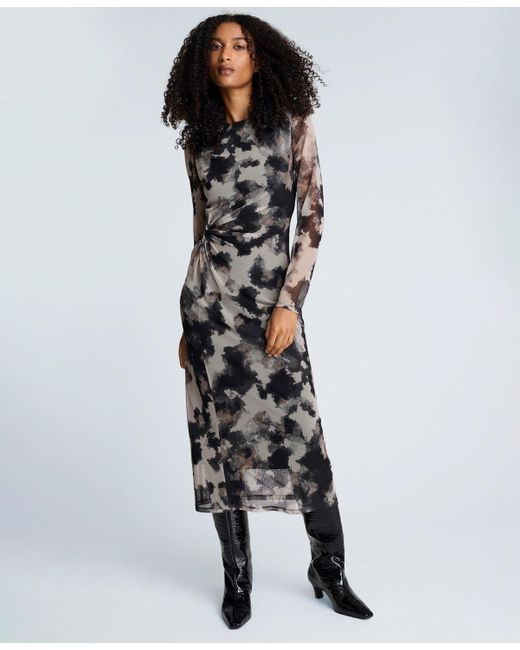 Kenneth Cole Black Printed Mesh Long-sleeve Knot Dress