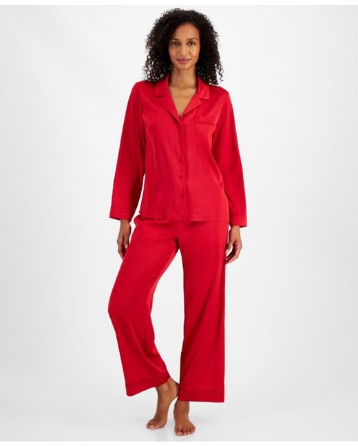INC International Concepts Red 2-pc. Piped-trim Satin Pajamas Set