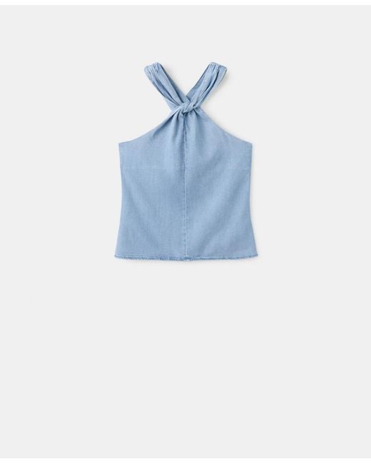 Mango Blue Crossed-strap Denim Top