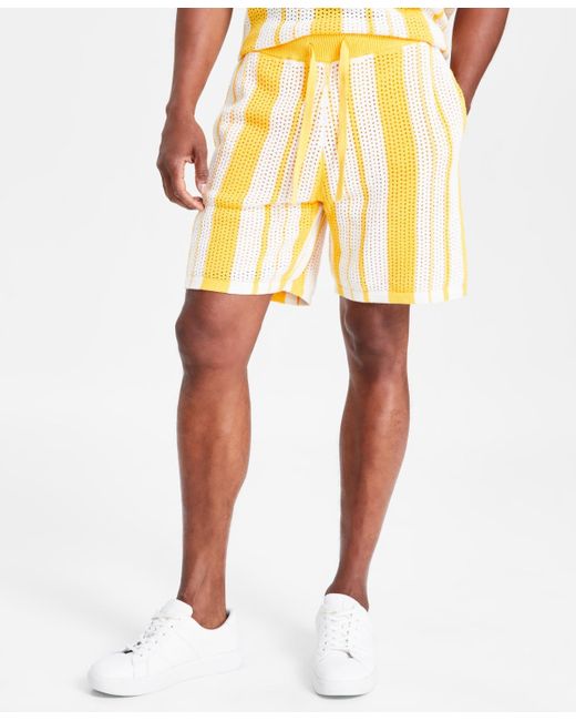 INC International Concepts Yellow Regular-fit Crocheted Stripe 7" Drawstring Shorts for men
