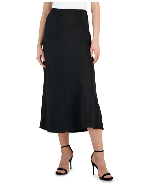 Tahari Black Solid Satin Side-zip Midi Skirt