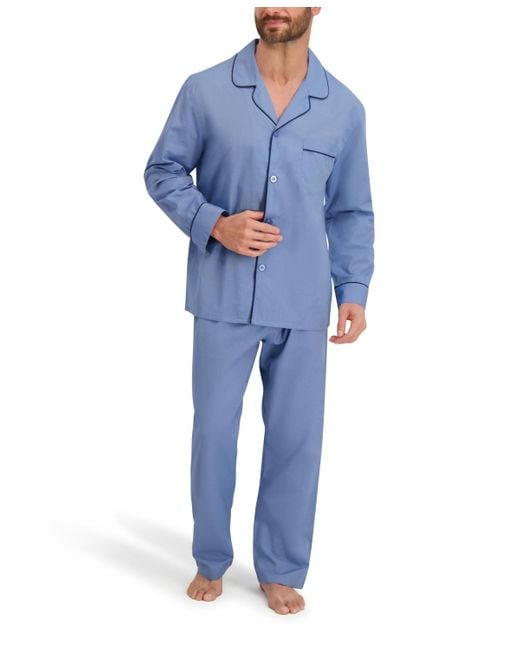 Hanes Blue Woven Button Down Pajama Sleep Set for men