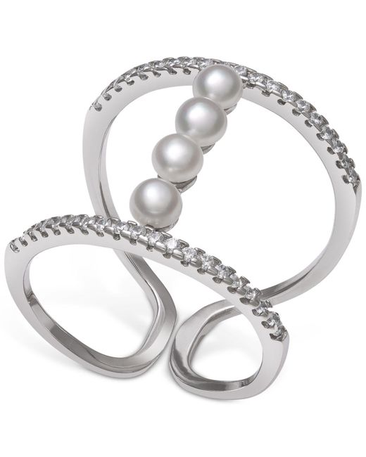 Macy's Metallic Cultured Freshwater Pearl (3mm) & Cubic Zirconia Cuff Ring In Sterling Silver