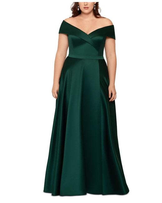 Xscape Green Off The Shoulder Satin A-line Gown