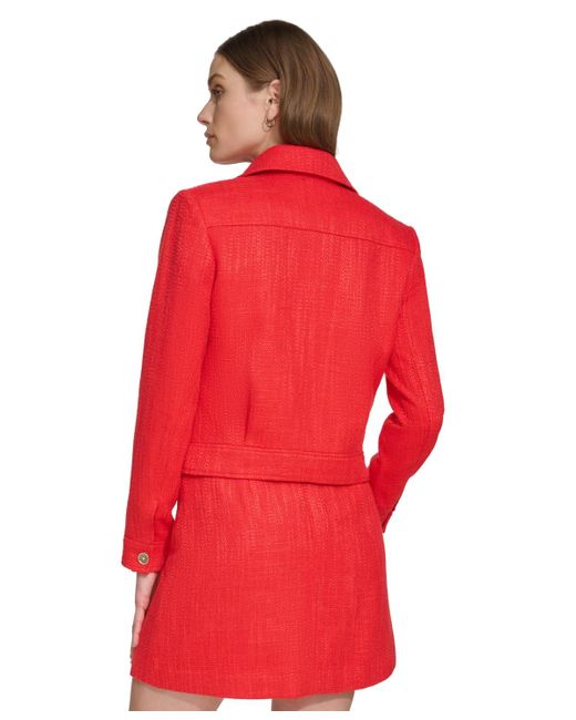 DKNY Red Cropped Long-sleeve Tweed Blazer