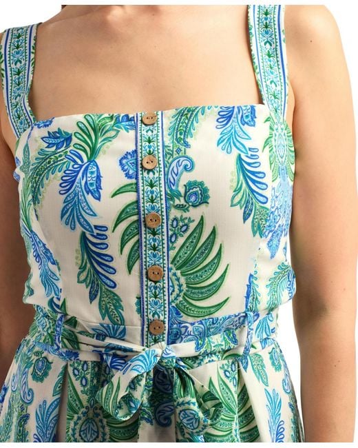 Bcx Blue Poplin Printed Button-front Romper
