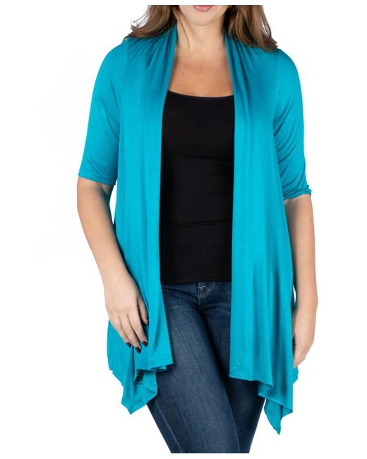 24seven Comfort Apparel Blue Plus Size Elbow Length Open Front Cardigan Sweater