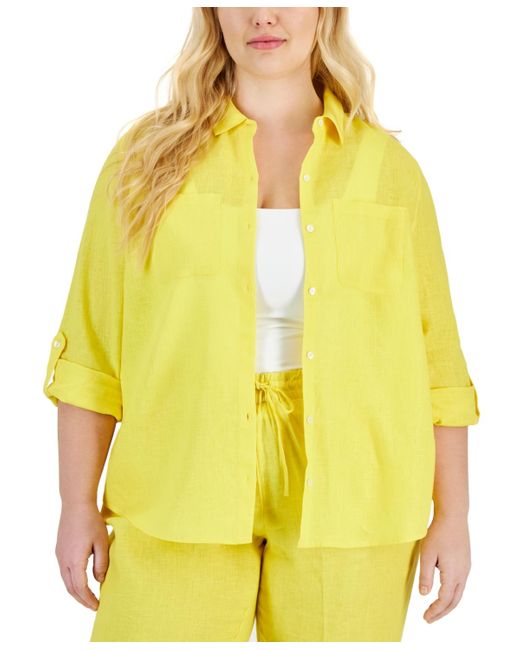 Charter Club Yellow Plus Size 100% Linen Roll-tab Shirt