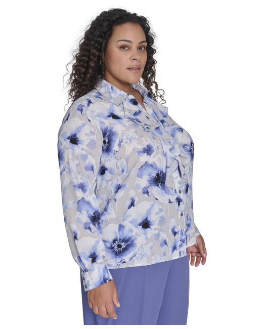 Calvin Klein Blue Plus Size Printed Ruffled Long-sleeve Button-front Shirt