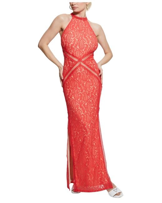 Guess Red New Liza Lace Halter Sleeveless Gown
