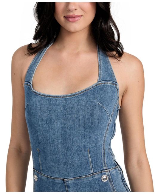 Guess Blue Blair Denim Halter Flared-leg Jumpsuit