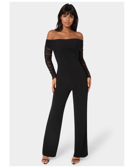 Bebe Blue Off Shoulder Ruched Jumpsuit