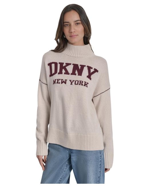 DKNY Natural Intarsia Logo Turtleneck Sweater