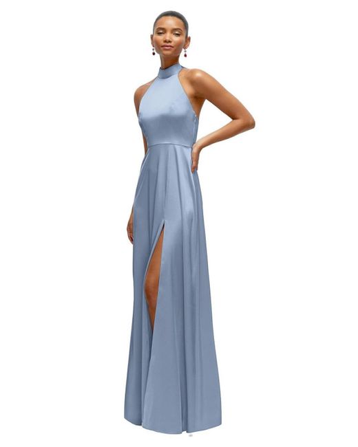 After Six Women's Blue Band Collar Halter Open Back Fluid Satin Maxi Dress