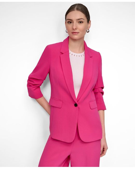 DKNY Pink Petite Aero Crepe Scrunch-sleeve One-button Blazer