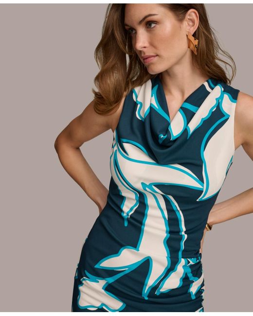 Donna Karan Blue Printed Cowlneck Sheath Dress