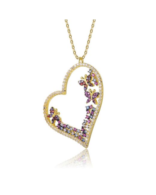 Genevive Jewelry Metallic Teens Sterling Silver 14k Plated Multi Colored Cubic Zirconia Heart Necklace