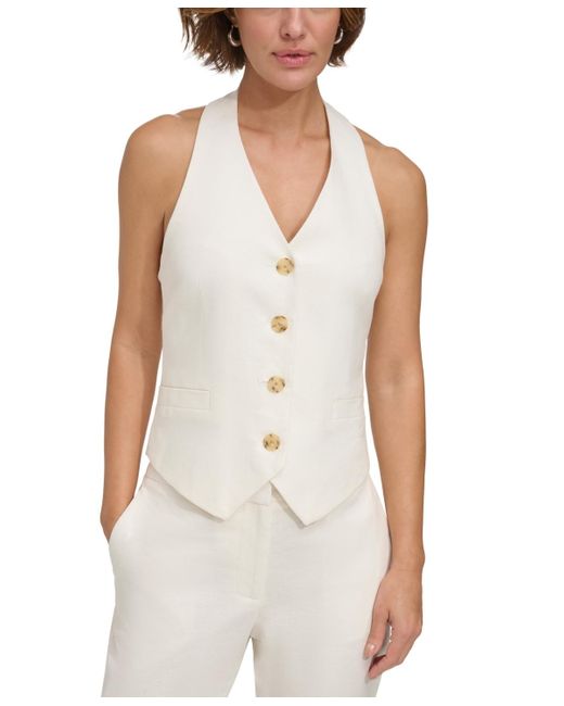 DKNY White Petite Linen-blend Halter-neck Button-front Vest