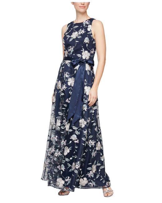 Alex & Eve Embroidered Satin-belt Gown in Blue | Lyst