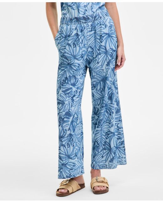 Nautica Blue Palm-print Chambray Pull-on Pants