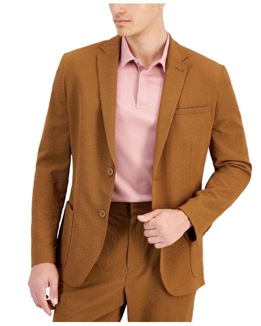 Alfani Brown Classic-fit Textured Seersucker Suit Jacket for men