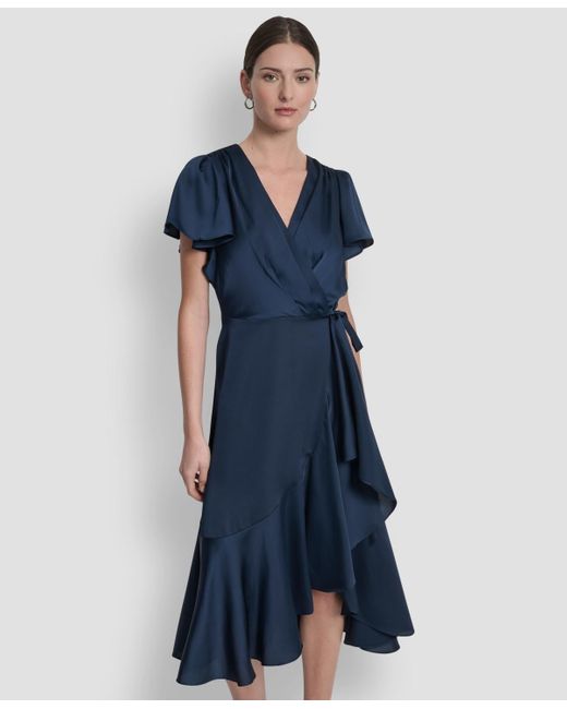 DKNY Blue Short Sleeve Faux Wrap Midi Dress