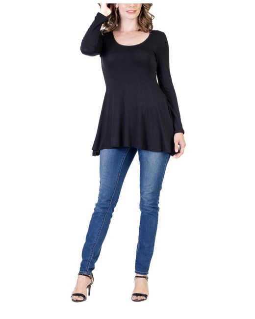24seven Comfort Apparel Blue Long Sleeve Swing Style Flare Tunic Top