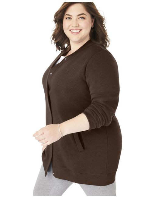 Woman Within Brown Plus Size Within Fleece Baseball Jacket