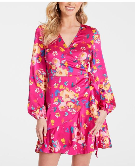 Guess Pink Long-sleeve Floral Wrap Dress