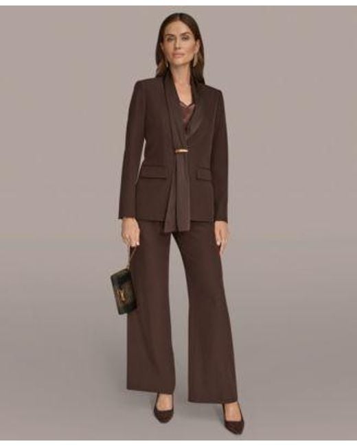 Donna Karan Brown Mixed Media Draped Neck Blazer High Waist Wide Leg Pant