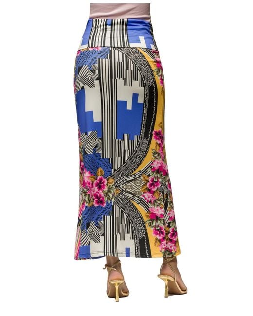 24seven Comfort Apparel Blue Multicolor Floral Print Fold Over Waist Maxi Skirt
