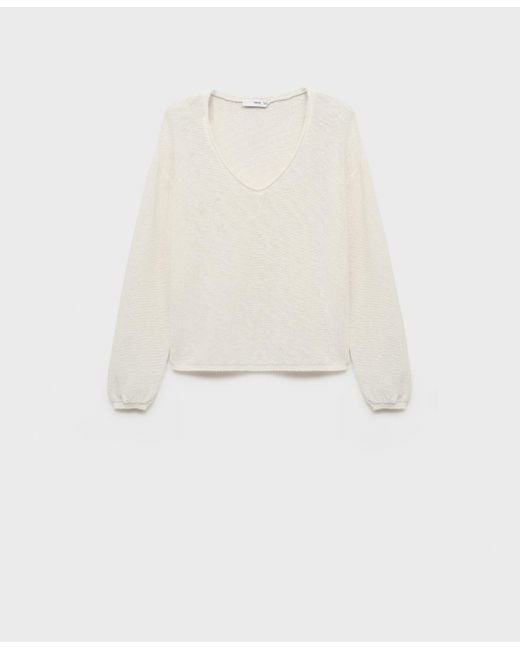 Mango White V-neck Knit Sweater