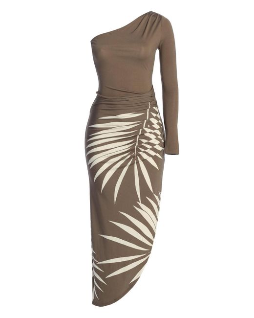 JLUXLABEL Natural One Shoulder Palm Print Dress